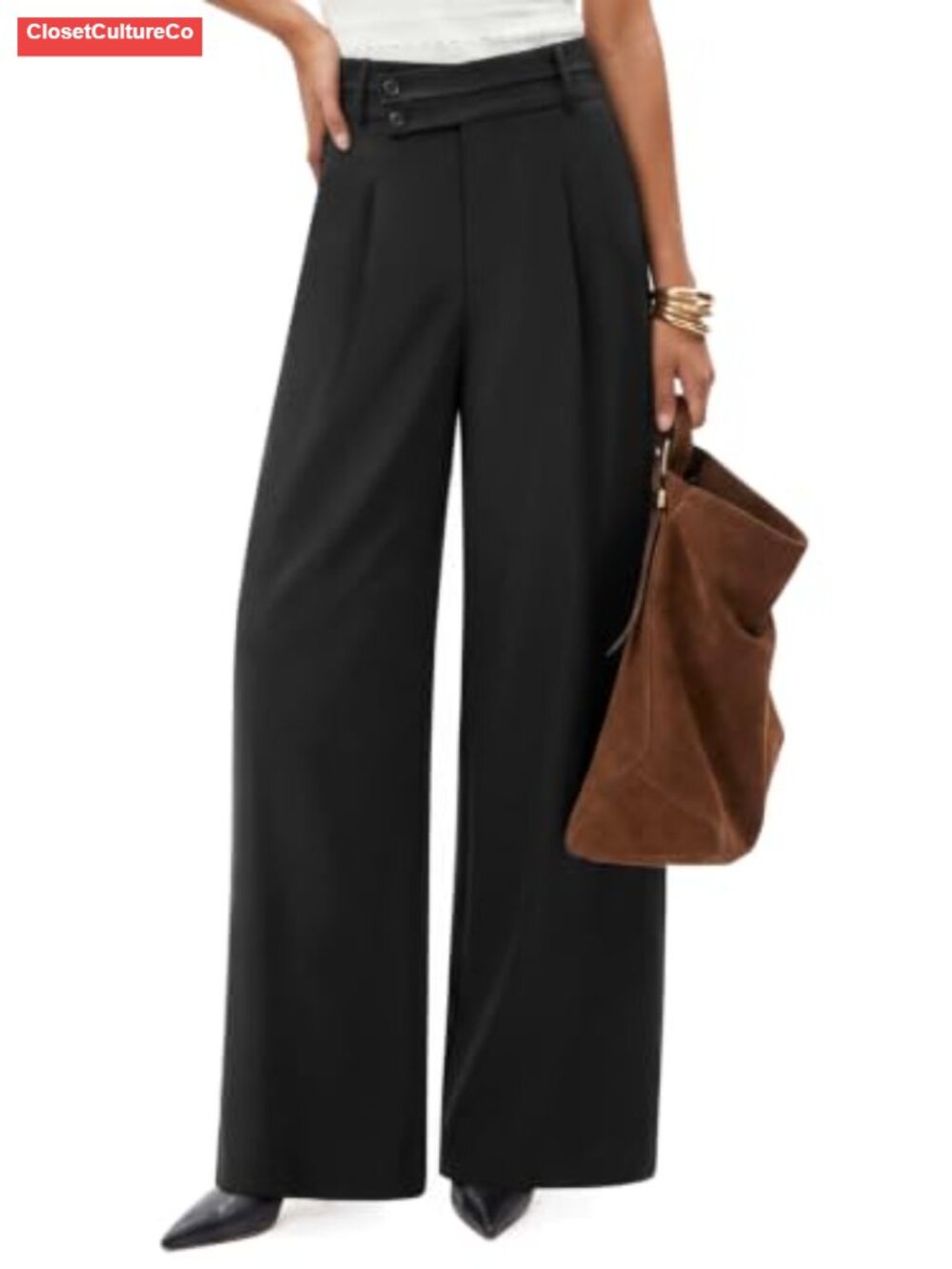 Wool Blend Slanted Waist Pleated Wide Leg Work Pants